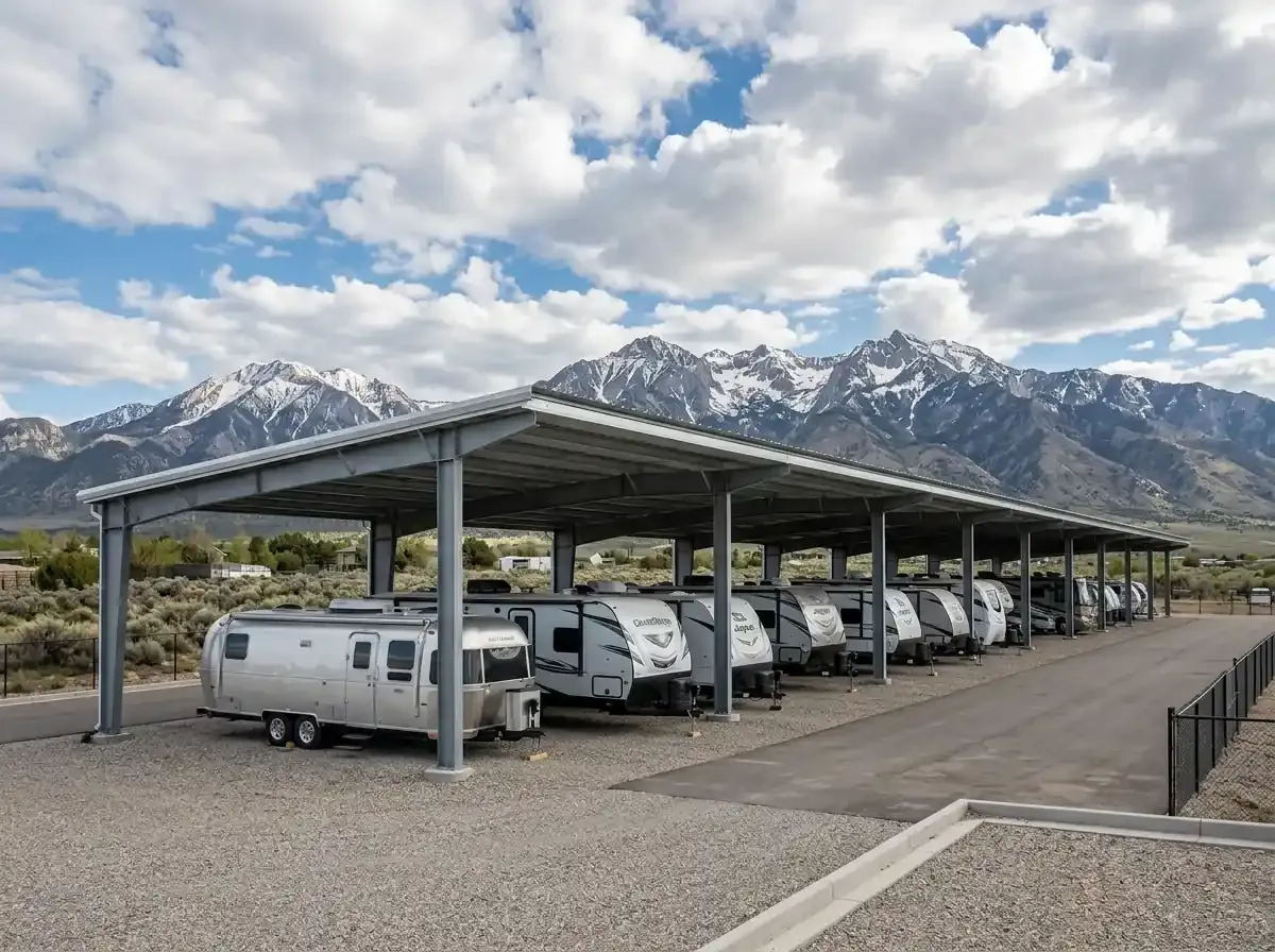 Travel trailers and an Airstream parked under a covered RV storage canopy with snow-capped mountains in the background.
